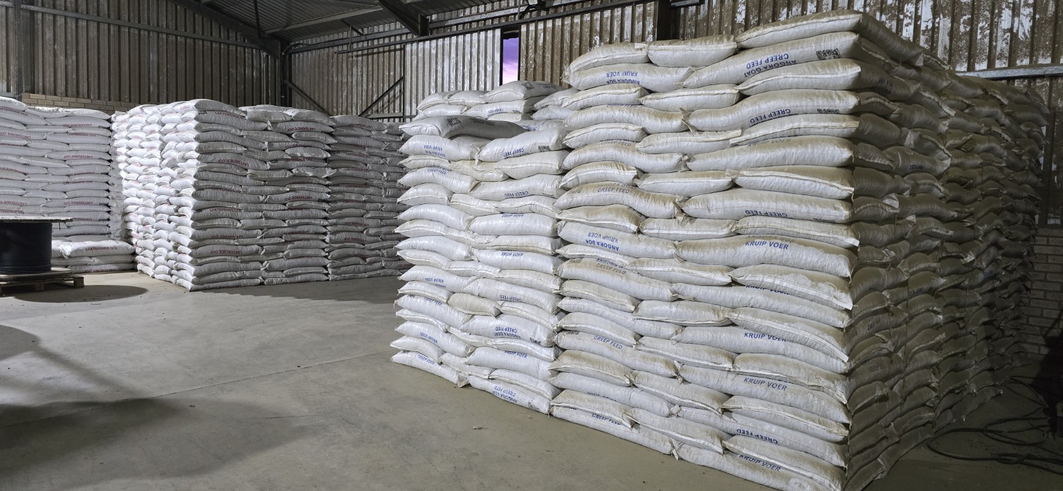 Stacks of bagged feed ready in the Good Hope Feeds warehouse
